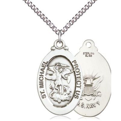 St. Michael Navy Medal Necklace - Sterling Silver - 1-1/8 Inch Tall x 5/8 Inch Wide with 24" Chain