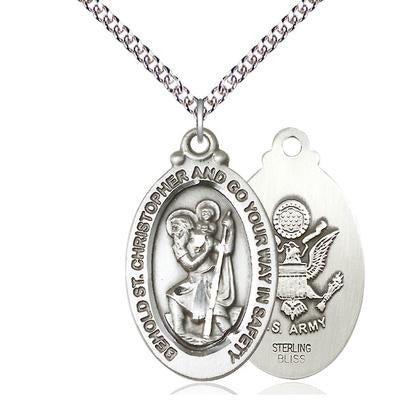 St. Christopher Army Medal Necklace - Sterling Silver - 1-1/8 Inch Tall x 3/4 Inch Wide with 24" Chain