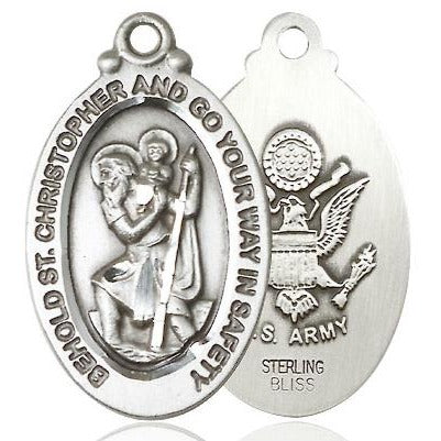 St. Christopher Army Medal Necklace - Sterling Silver - 1-1/8 Inch Tall x 3/4 Inch Wide with 24" Chain