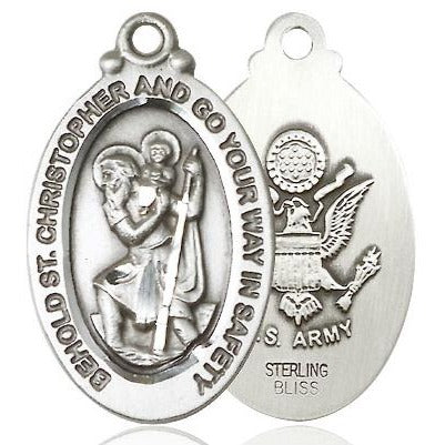 St. Christopher Army Medal Necklace - Sterling Silver - 1-1/8 Inch Tall x 3/4 Inch Wide with 18" Chain