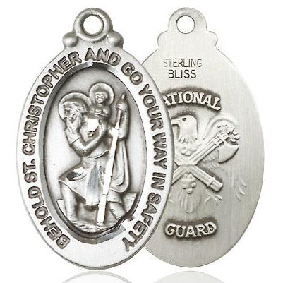 St. Christopher National Guard Medal Necklace - Sterling Silver - 1-1/8 Inch Tall x 3/4 Inch Wide with 24" Chain