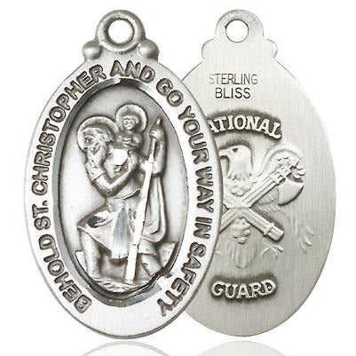 St. Christopher National Guard Medal Necklace - Sterling Silver - 1-1/8 Inch Tall x 3/4 Inch Wide with 18" Chain