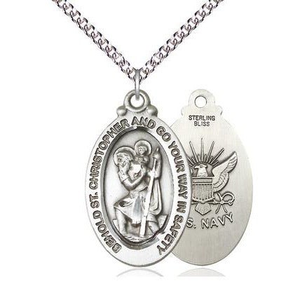 St. Christopher Navy Medal Necklace - Sterling Silver - 1-1/8 Inch Tall x 3/4 Inch Wide with 24" Chain