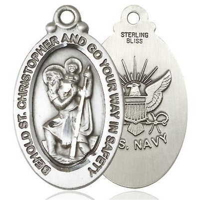 St. Christopher Navy Medal Necklace - Sterling Silver - 1-1/8 Inch Tall x 3/4 Inch Wide with 24" Chain