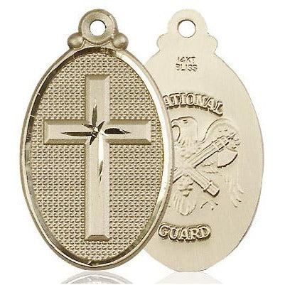 Cross National Guard Medal Necklace - 14K Gold - 1-1/4 Inch Tall x 3/4 Inch Wide with 24" Chain
