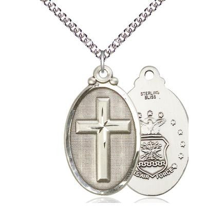 Cross Air Force Medal Necklace - Sterling Silver - 1-1/4 Inch Tall x 3/4 Inch Wide with 24" Chain