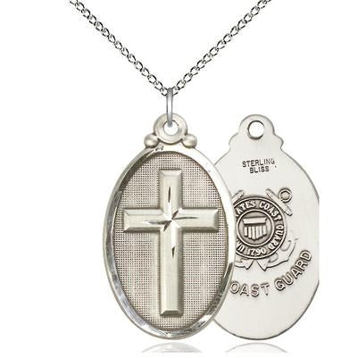 Cross Coast Guard Medal Necklace - Sterling Silver - 1-1/4 Inch Tall x 3/4 Inch Wide with 18" Chain