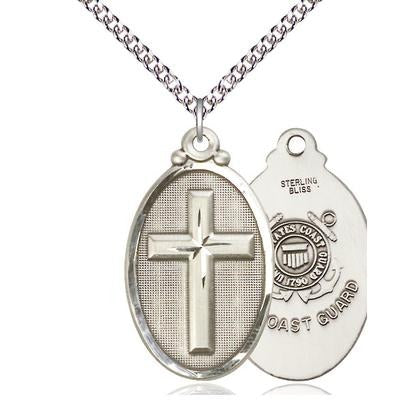 Cross Coast Guard Medal Necklace - Sterling Silver - 1-1/4 Inch Tall x 3/4 Inch Wide with 24" Chain