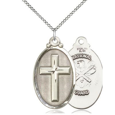 Cross National Guard Medal Necklace - Sterling Silver - 1-1/4 Inch Tall x 3/4 Inch Wide with 18" Chain