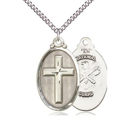 Cross National Guard Medal Necklace - Sterling Silver - 1-1/4 Inch Tall x 3/4 Inch Wide with 24" Chain