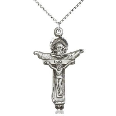 Trinity Crucifix Medal Necklace - Sterling Silver - 1-3/4 Inch Tall x 1 Inch Wide with 18" Chain