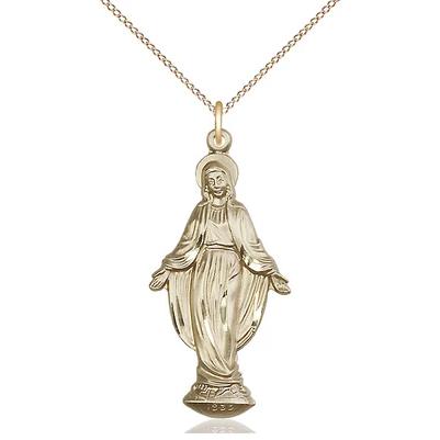 Miraculous Medal Necklace - 14K Gold - 1-3/8 Inch Tall by 5/8 Inch Wide with 18" Chain