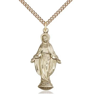 Miraculous Medal Necklace - 14K Gold - 1-3/8 Inch Tall by 5/8 Inch Wide with 24" Chain