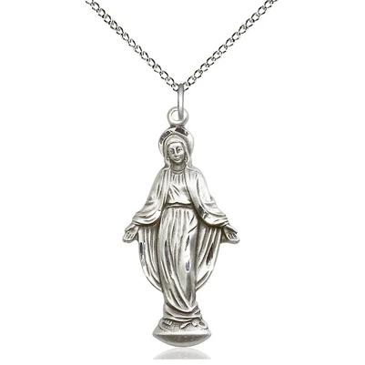 Miraculous Medal Necklace - Sterling Silver - 1-3/8 Inch Tall by 5/8 Inch Wide with 18" Chain