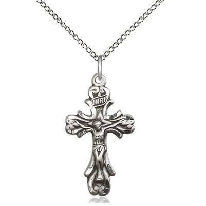 Crucifix Medal Necklace - Sterling Silver - 1 Inch Tall x 1/2 Inch Wide with 18" Chain