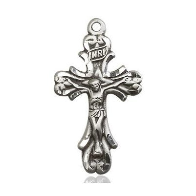 Crucifix Medal Necklace - Sterling Silver - 1 Inch Tall x 1/2 Inch Wide with 18" Chain