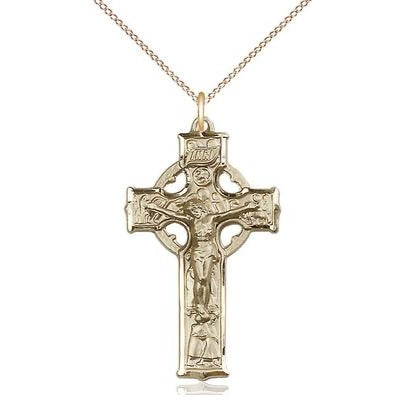 Celtic Crucifix Medal Necklace - 14K Gold - 1-3/8 Inch Tall x 3/4 Inch Wide with 18" Chain