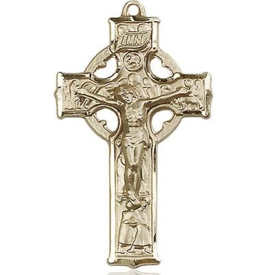 Celtic Crucifix Medal Necklace - 14K Gold - 1-3/8 Inch Tall x 3/4 Inch Wide with 18" Chain