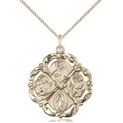 5 Way Medal Necklace - 14K Gold - 1 Inch Tall by 7/8 Inch Wide with 18" Chain