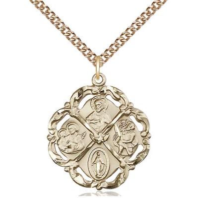 5 Way Medal Necklace - 14K Gold - 1 Inch Tall by 7/8 Inch Wide with 24" Chain