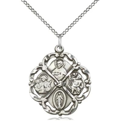 5 Way Medal Necklace - Sterling Silver - 1 Inch Tall by 7/8 Inch Wide with 18" Chain