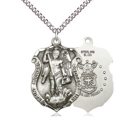 St. Michael Air Force Medal Necklace - Sterling Silver - 1-1/4 Inch Tall x 3/4 Inch Wide with 24" Chain