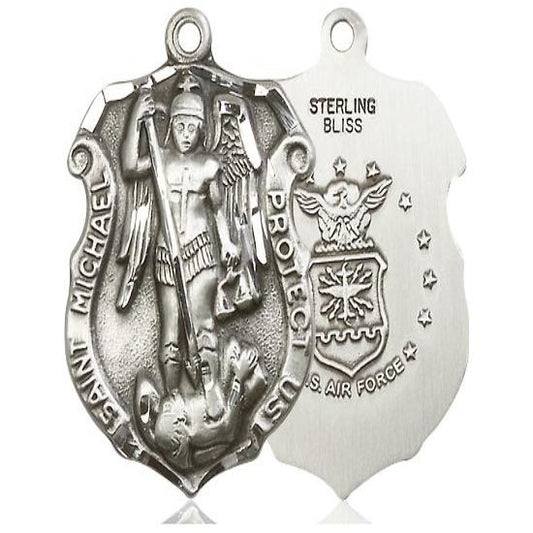 St. Michael Air Force Medal Necklace - Sterling Silver - 1-1/4 Inch Tall x 3/4 Inch Wide with 24" Chain