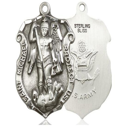 St. Michael Army Medal Necklace - Sterling Silver - 1-1/4 Inch Tall x 7/8 Inch Wide with 18" Chain