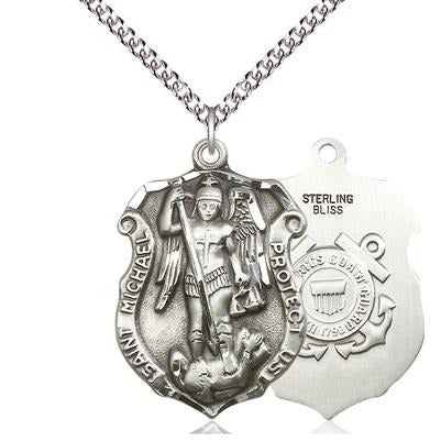 St. Michael Coast Guard Medal Necklace - Sterling Silver - 1-1/4 Inch Tall x 3/4 Inch Wide with 24" Chain