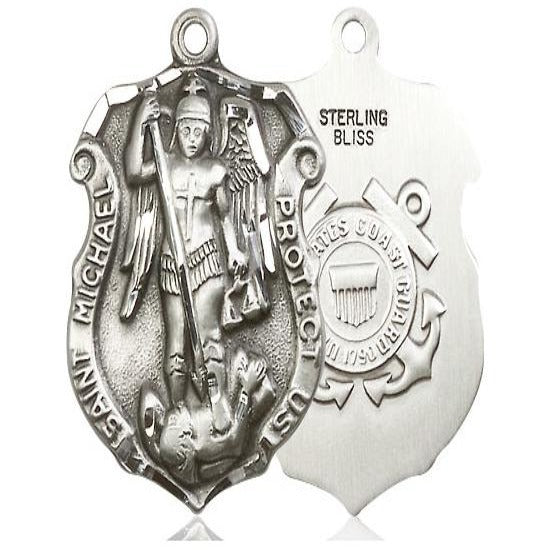 St. Michael Coast Guard Medal Necklace - Sterling Silver - 1-1/4 Inch Tall x 3/4 Inch Wide with 18" Chain