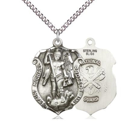 St. Michael National Guard Medal Necklace - Sterling Silver - 1-1/4 Inch Tall x 7/8 Inch Wide with 24" Chain
