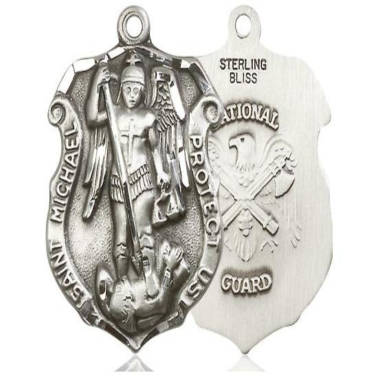 St. Michael National Guard Medal Necklace - Sterling Silver - 1-1/4 Inch Tall x 7/8 Inch Wide with 24" Chain