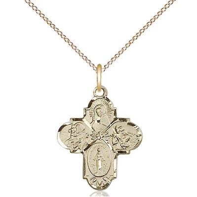4 Way Medal Necklace - 14K Gold Filled - 3/4 Inch Tall by 5/8-Inch Wide with 18" Chain