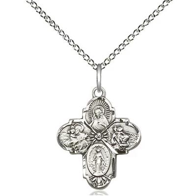 4 Way Medal Necklace - Sterling Silver  - 3/4 Inch Tall by 5/8-Inch Wide with 18" Chain