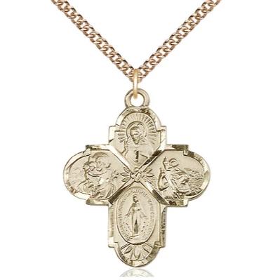 4 Way Medal Necklace - 14K Gold Filled - 1 1/4 Inch Tall by 1-Inch Wide with 24" Chain