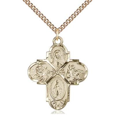 4 Way Medal Necklace - 14K Gold - 1 1/4 Inch Tall by 1 Inch Wide with 24" Chain