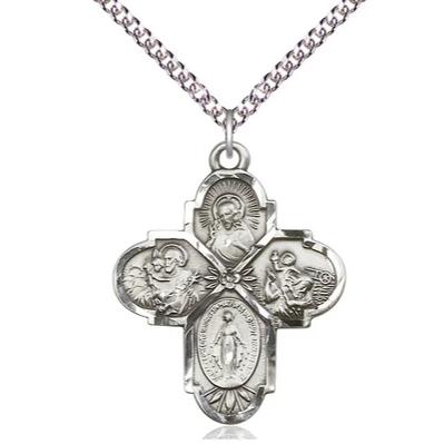 4 Way Medal Necklace - Sterling Silver - 11/4 Inch Tall by 1 Inch Wide with 24" Chain