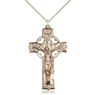 Celtic Crucifix Medal Necklace - 14K Gold - 1-1/2 Inch Tall x 7/8 Inch Wide with 18" Chain
