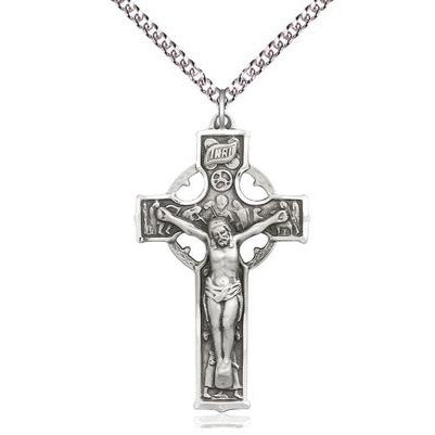 Celtic Crucifix Medal Necklace - Sterling Silver - 1-1/2 Inch Tall x 7/8 Inch Wide with 24" Chain