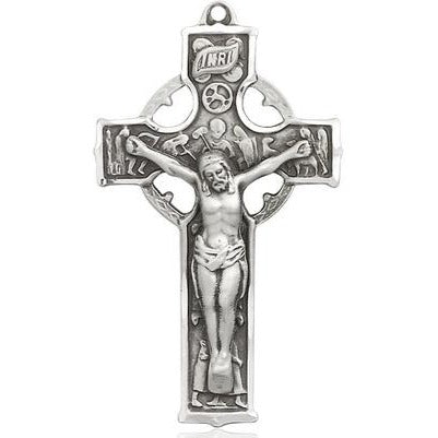 Celtic Crucifix Medal Necklace - Sterling Silver - 1-1/2 Inch Tall x 7/8 Inch Wide with 24" Chain