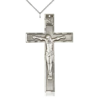 Crucifix Medal Necklace - Sterling Silver - 3 Inch Tall x 1-3/4 Inch Wide with 18" Chain