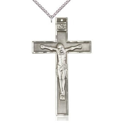 Crucifix Medal Necklace - Sterling Silver - 3 Inch Tall x 1-3/4 Inch Wide with 24" Chain