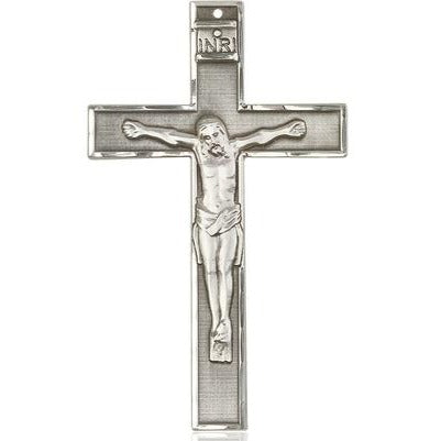 Crucifix Medal Necklace - Sterling Silver - 3 Inch Tall x 1-3/4 Inch Wide with 24" Chain