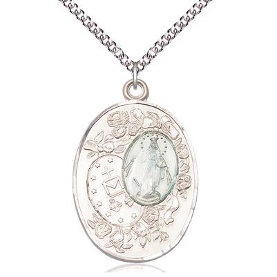Miraculous Medal Necklace - Sterling Silver - 1-3/8 Inch Tall by 7/8 Inch Wide with 24" Chain