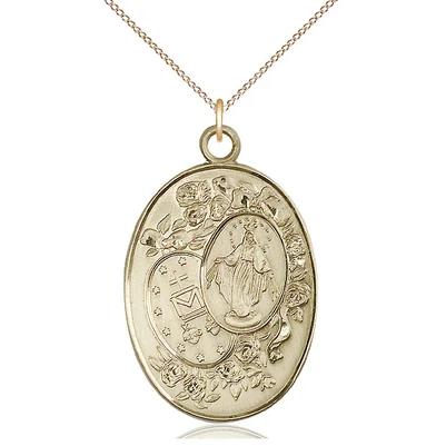 Miraculous Medal Necklace - 14K Gold - 1-3/8 Inch Tall by 7/8 Inch Wide with 18" Chain