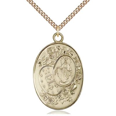 Miraculous Medal Necklace - 14K Gold - 1-3/8 Inch Tall by 7/8 Inch Wide with 24" Chain