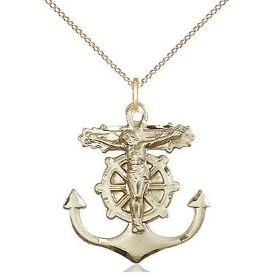 Anchor Crucifix Medal Necklace - 14K Gold Filled - 1 Inch Tall x 7/8 Inch Wide with 18" Chain
