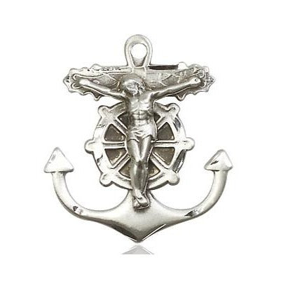 Anchor Crucifix Medal Necklace - Sterling Silver - 1 Inch Tall x 7/8 Inch Wide with 18" Chain