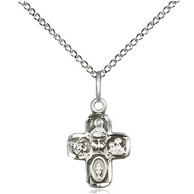 4 Way Medal Necklace - Sterling Silver  - 5/8 Inch Tall by 3/8 Inch Wide with 18" Chain