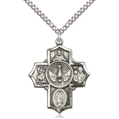 5 Way Medal Necklace - Sterling Silver - 11/4 Inch Tall by 1 Inch Wide with 24" Chain
